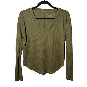 Aeropostale Olive Green Long Sleeved Ribbed V-Neck Shirt